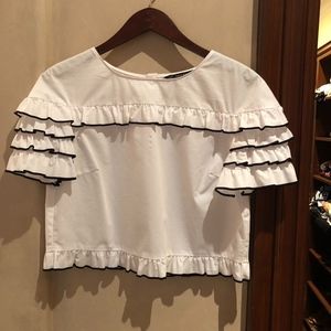 Zara White Ruffle Top With Black Detail